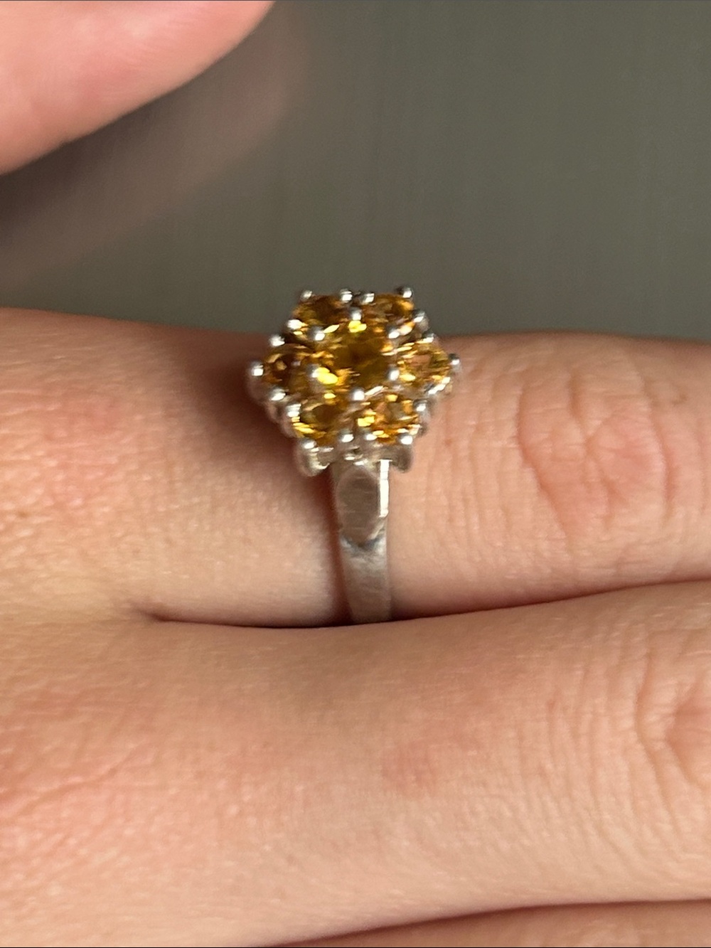 Sterling Silver Ring with Yellow Gemstone Cluster